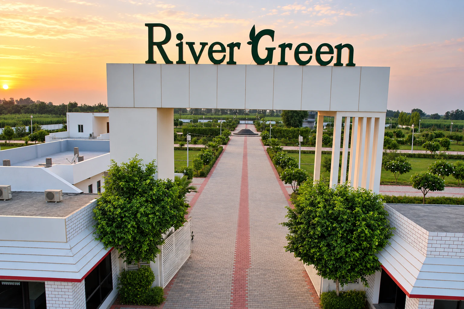 River Green Society entrance at sunset