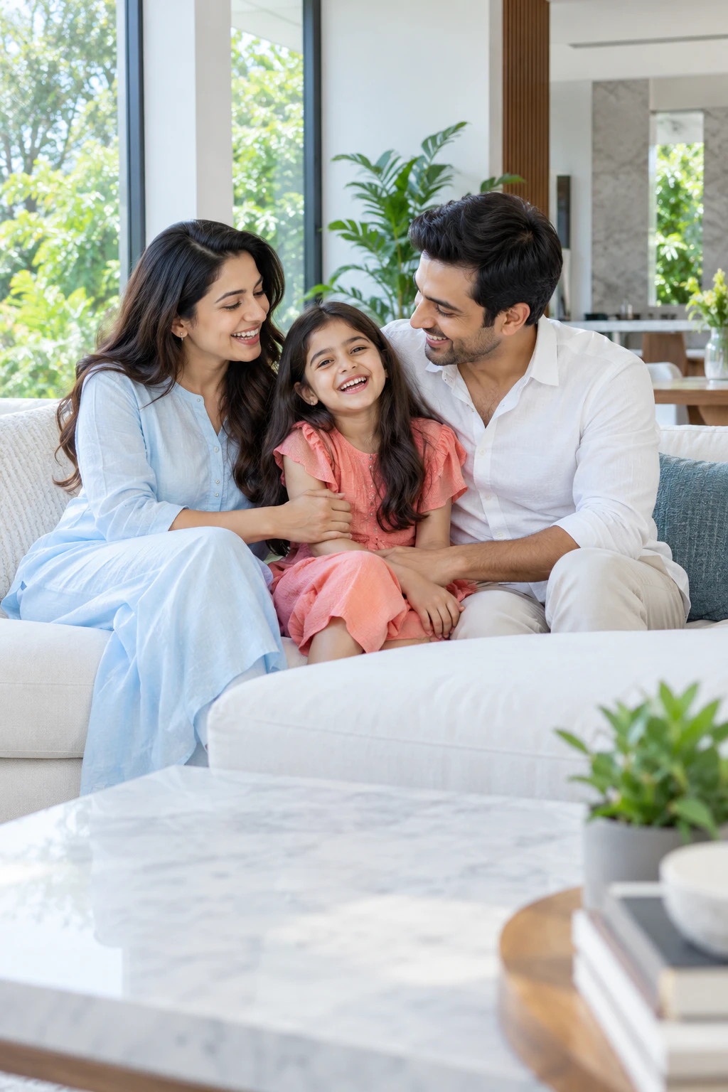 An Indian family laughing together in a bright white living room with garden views