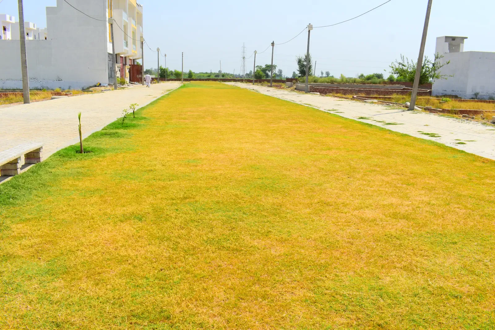 Basant Kunj: long lawn strip between two paved walkways under a clear sky