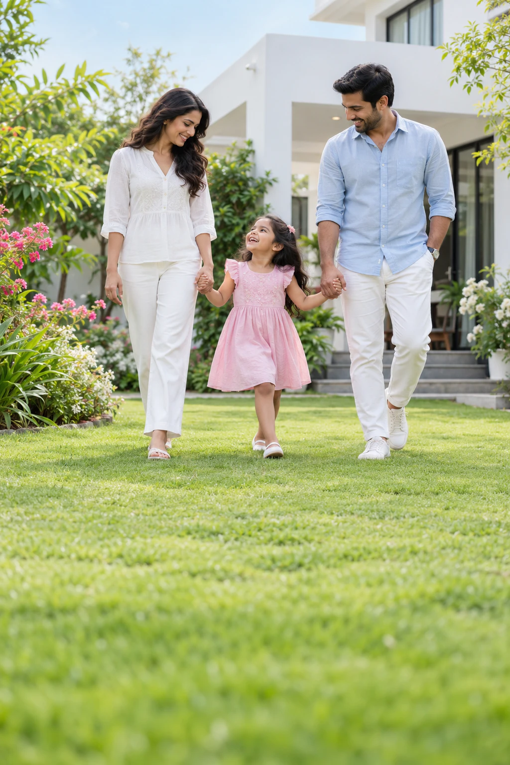 An Indian family enjoying a fresh green garden outside their contemporary home