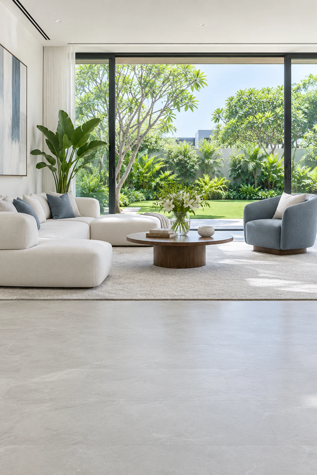 A bright white living room with blue-grey accents opening onto a green courtyard