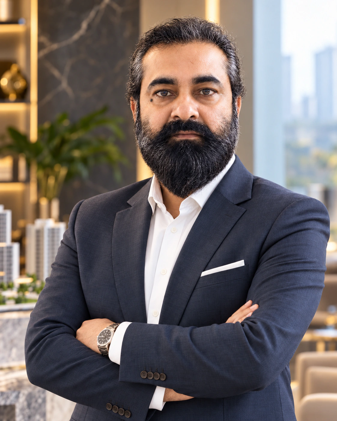 Kuldeep Tomar, owner of Defence Garden, in a navy suit with his arms crossed