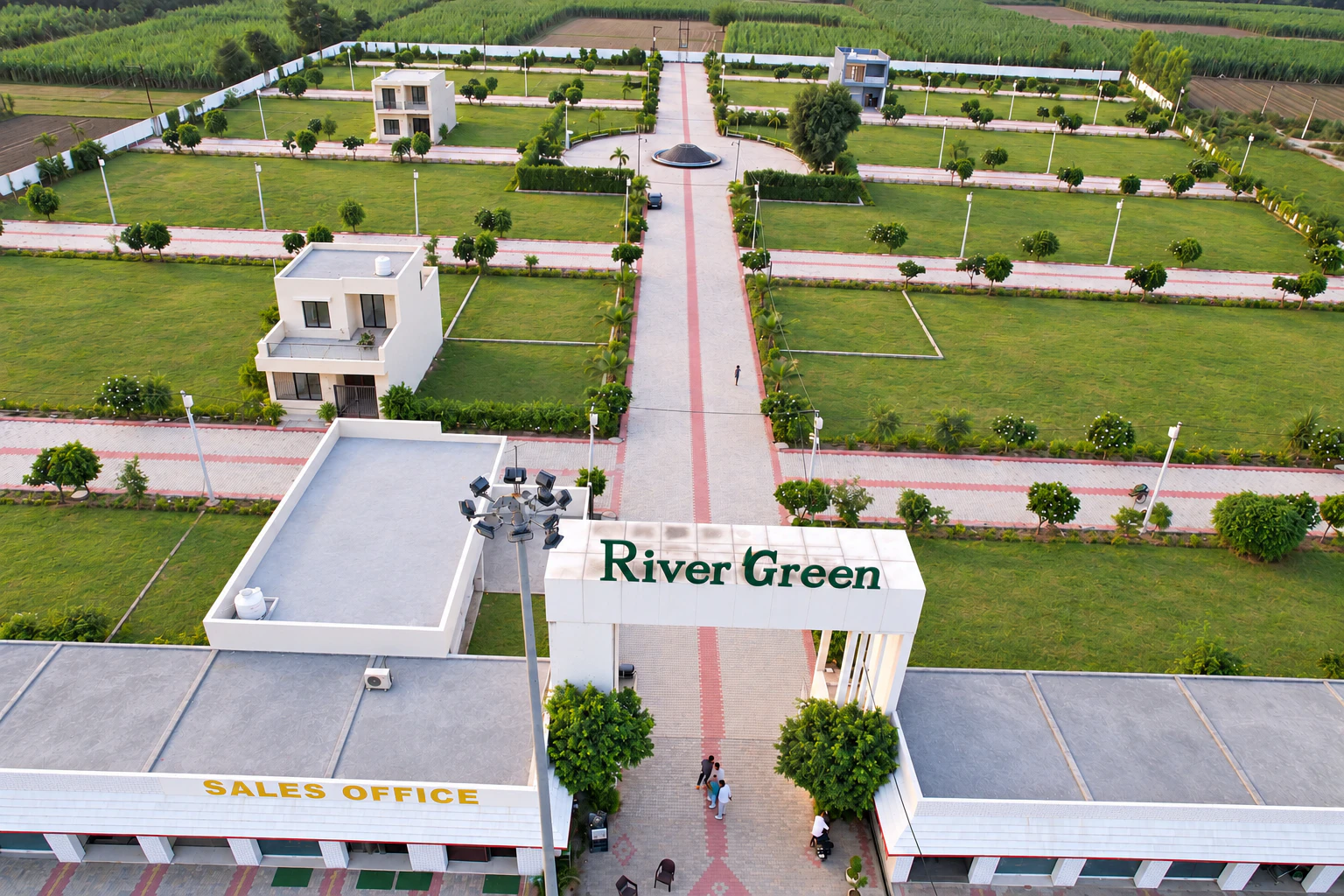 River Green Society entrance and central boulevard with maintained lawns