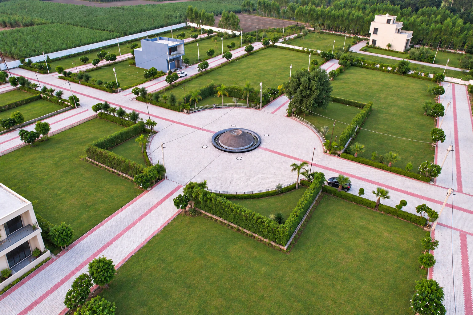 River Green Society fountain plaza and green residential plots