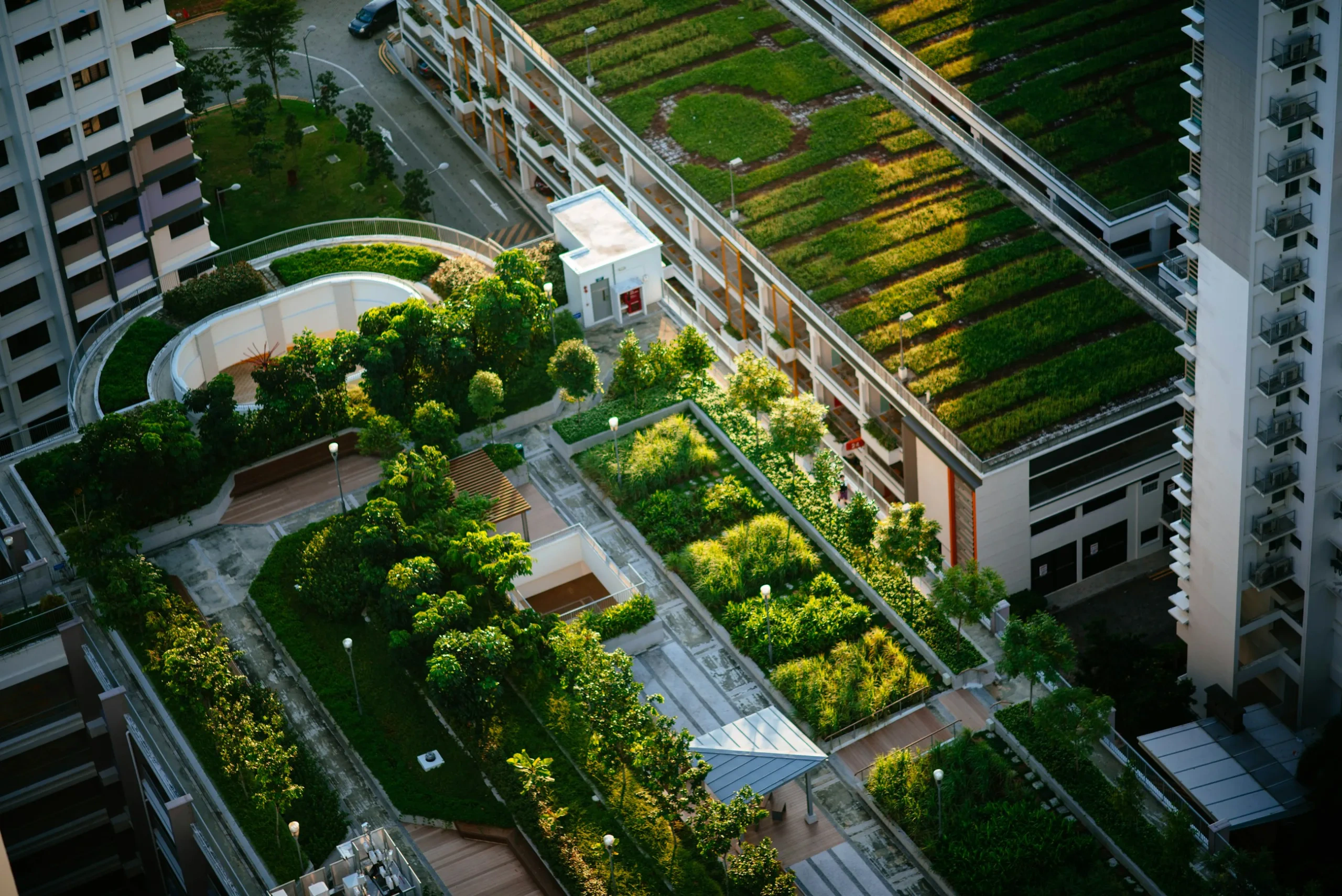 Lush gardens integrated into residential buildings
