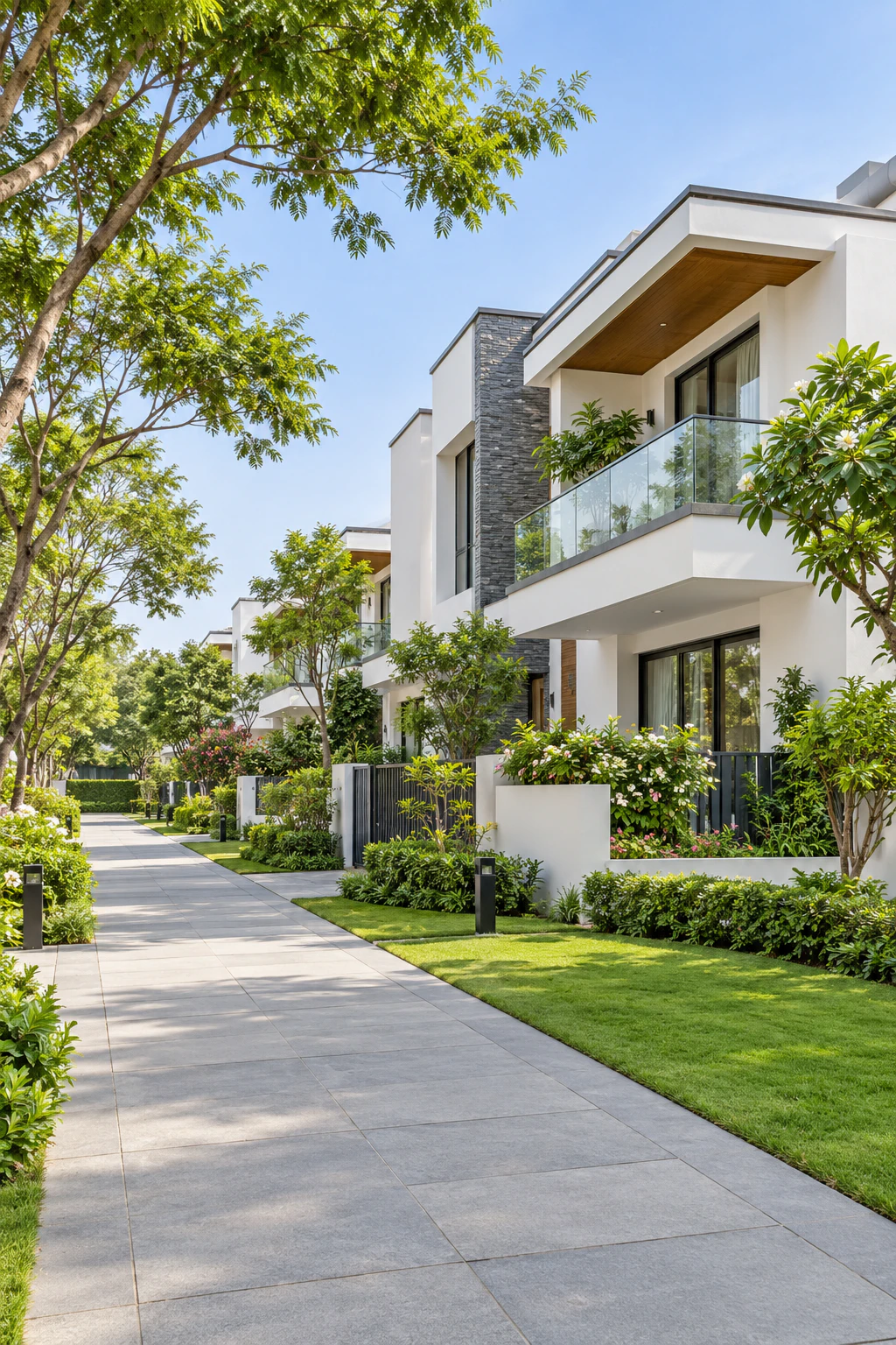 White contemporary homes along a landscaped avenue under a clear blue sky