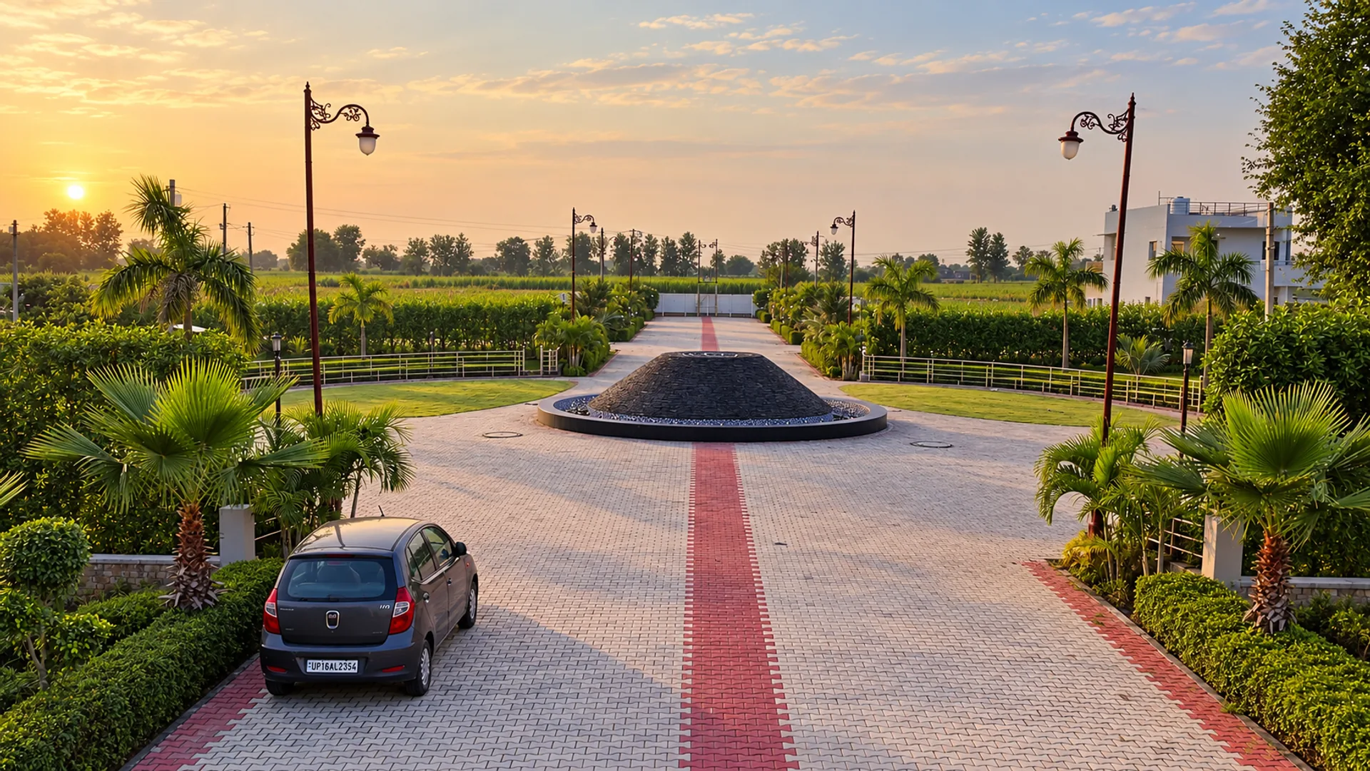 Red-striped paved avenue, palms and ornamental street lamps around River Green Society’s fountain plaza